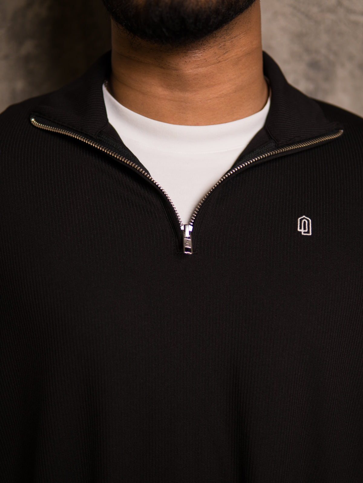 Black Refined Quarter Zip Thobe, zip close-up