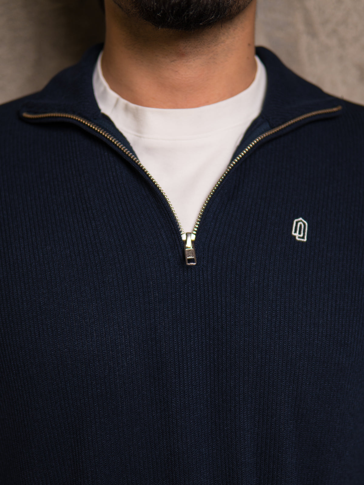 Navy Signature Quarter Zip Thobe, zip close-up
